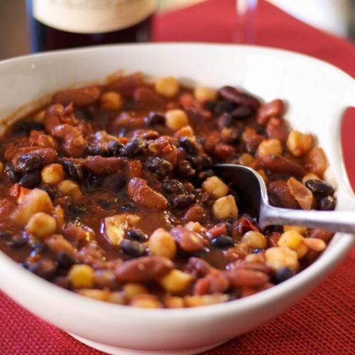 bean chili in white bowl